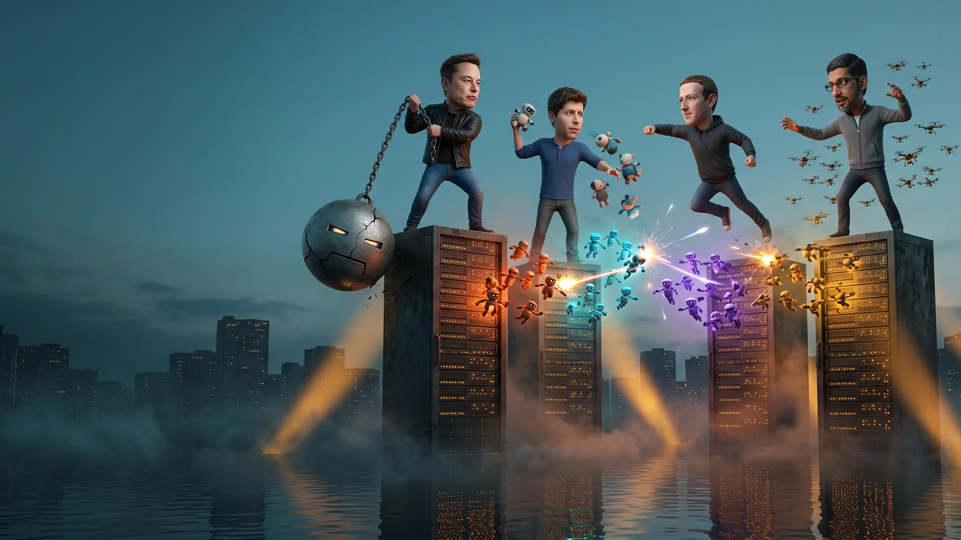 A satirical painting: four cartoon tech moguls stand on server-rack towers above a flooded city at dusk, hurling swarms of tiny glowing robots at each other while drones circle